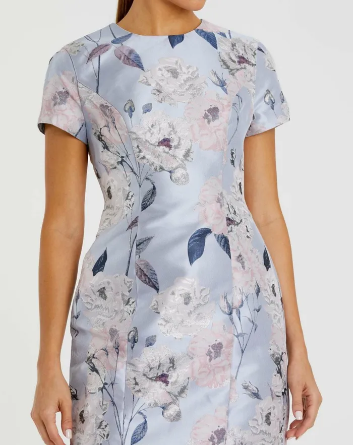 Women Daytime Dresses Mac Duggal Short Sleeve Fitted Floral Mini Dress Blue Multi