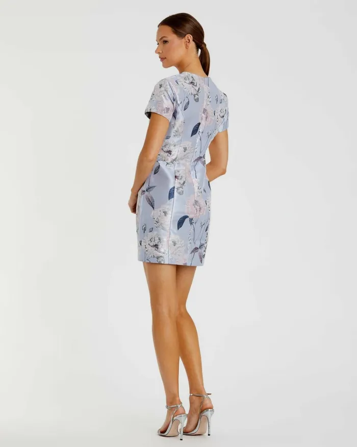 Women Daytime Dresses Mac Duggal Short Sleeve Fitted Floral Mini Dress Blue Multi