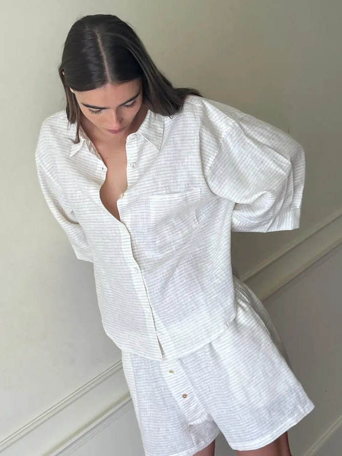 Women Deiji Studios 8211 The 03 Linen Loungewear Set Short In Linen Story Stripe The UNDONE Loungewear