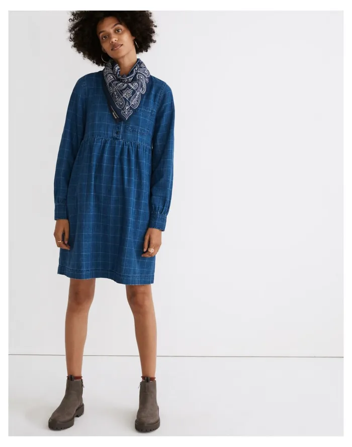 Women Denim Babydoll Shirtdress In Indigo Plaid Janie Plaid Madewell Dresses