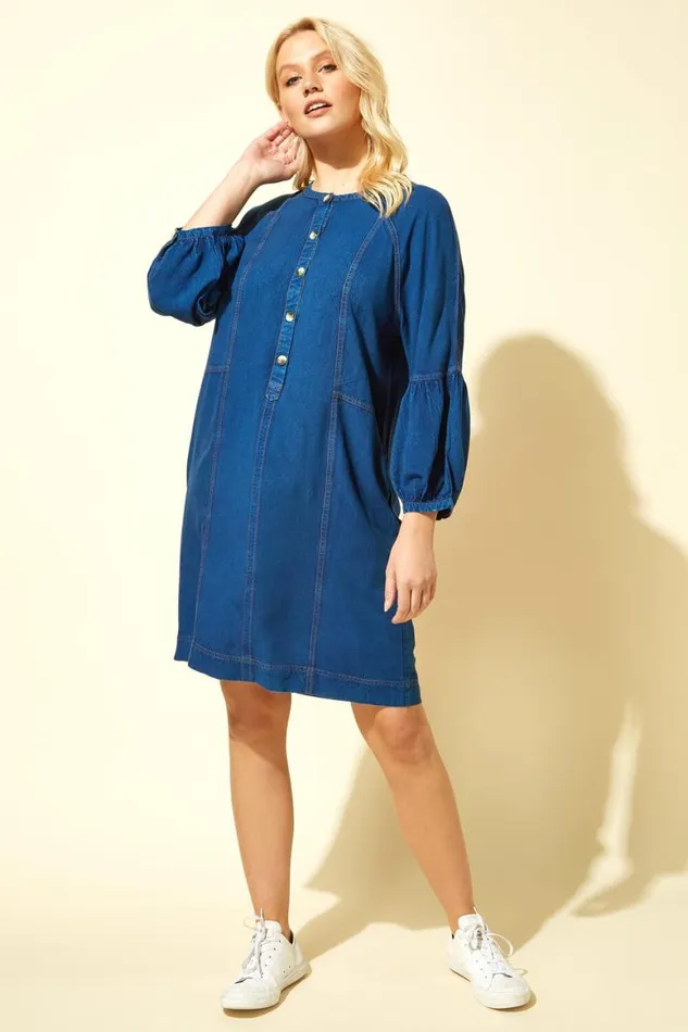 Women Denim Blue Button Detail Denim Panel Dress Roman Dresses