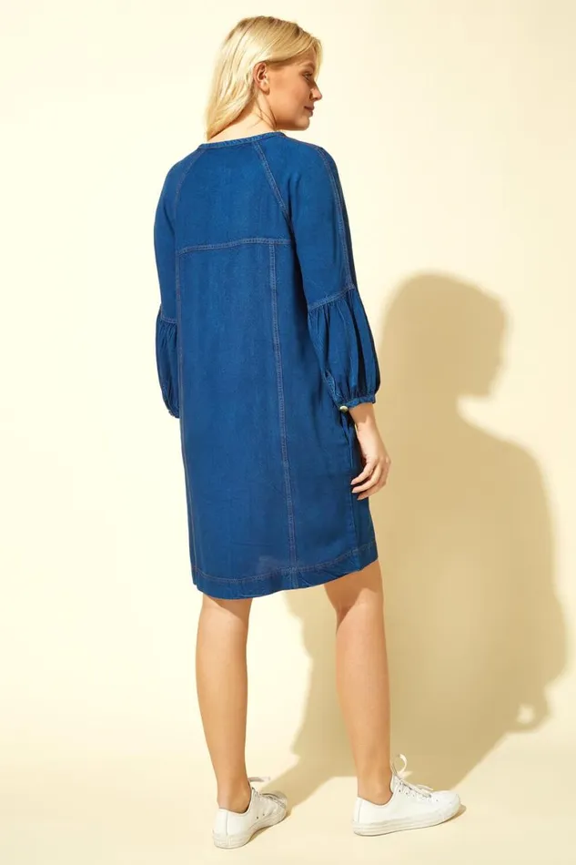Women Denim Blue Button Detail Denim Panel Dress Roman Dresses