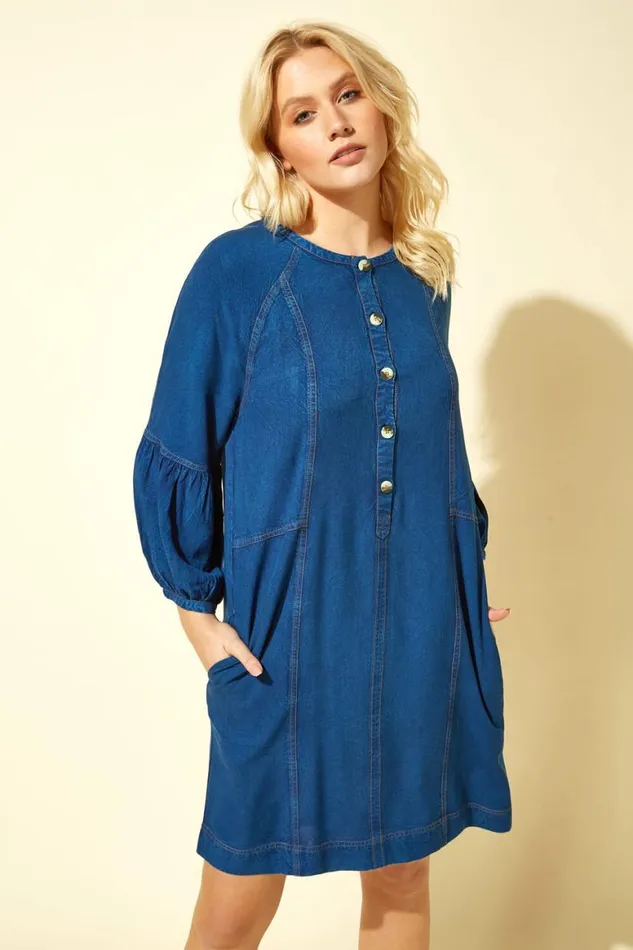 Women Denim Blue Button Detail Denim Panel Dress Roman Dresses