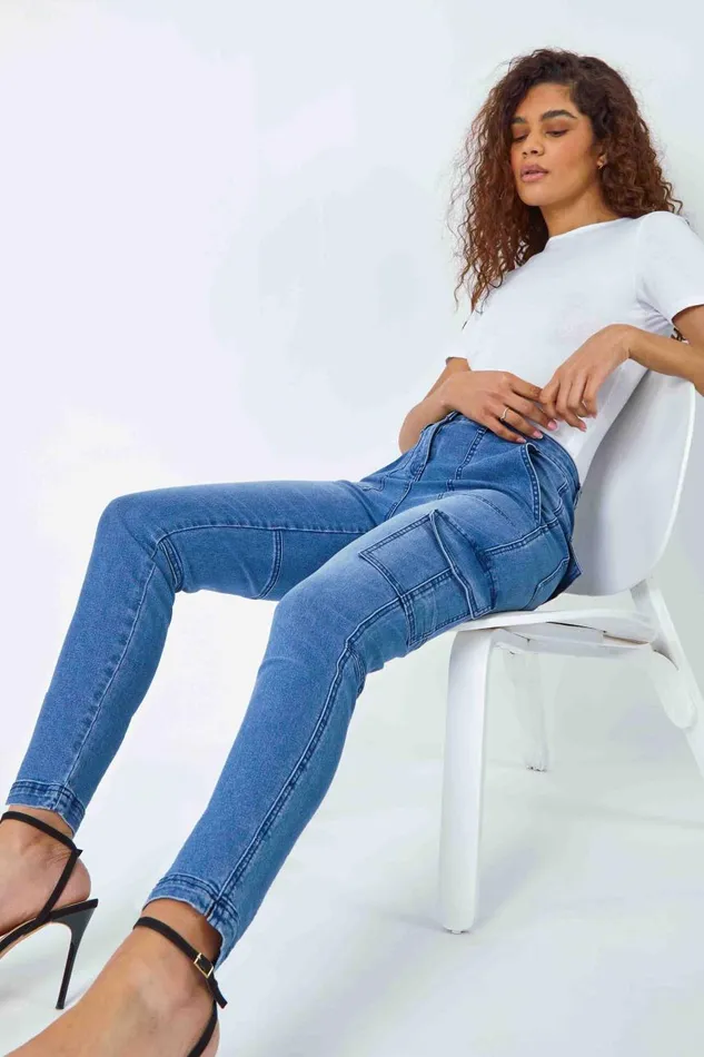 Women Denim Cotton Blend Cargo Stretch Jegging Roman Trousers