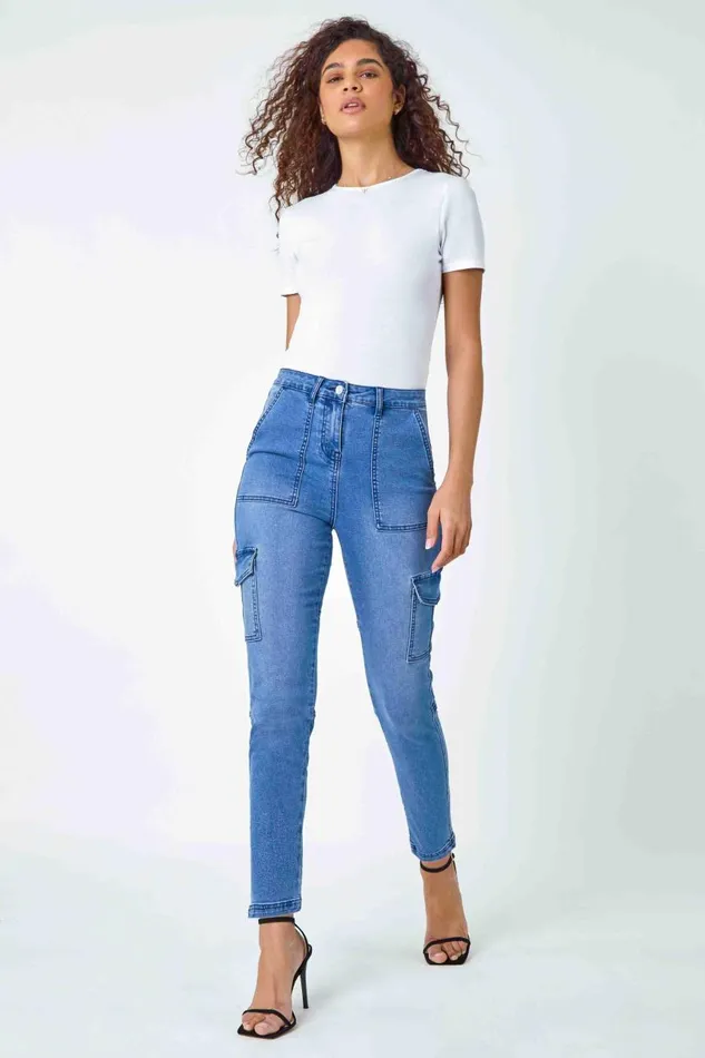 Women Denim Cotton Blend Cargo Stretch Jegging Roman Trousers
