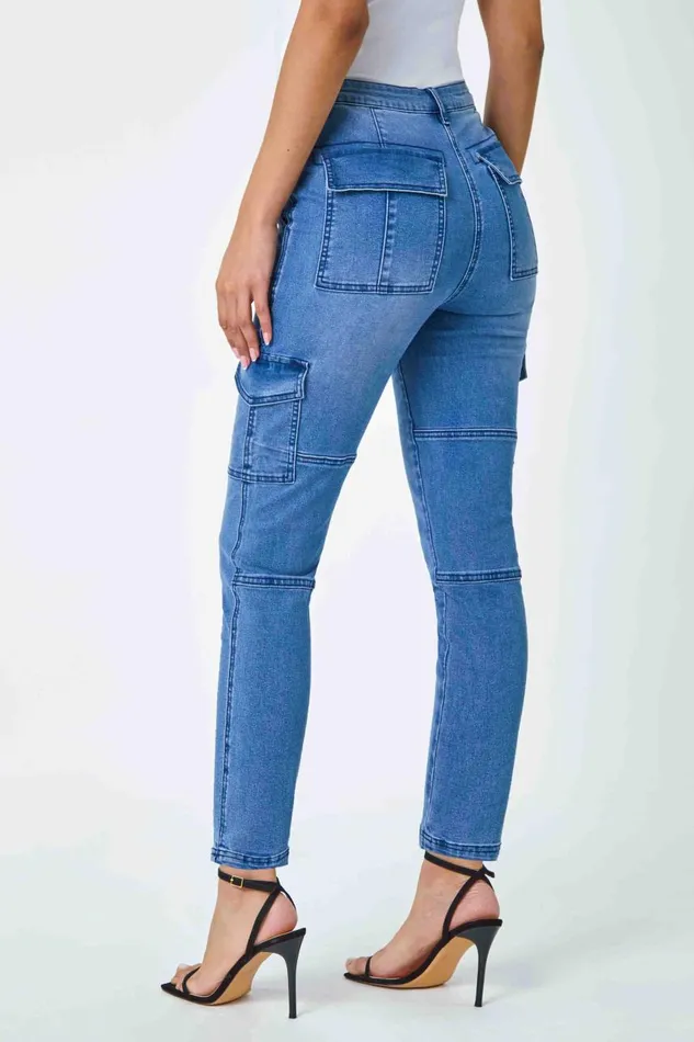 Women Denim Cotton Blend Cargo Stretch Jegging Roman Trousers