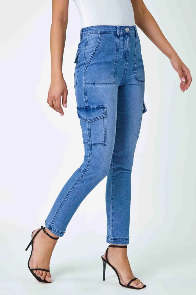 Women Denim Cotton Blend Cargo Stretch Jegging Roman Trousers
