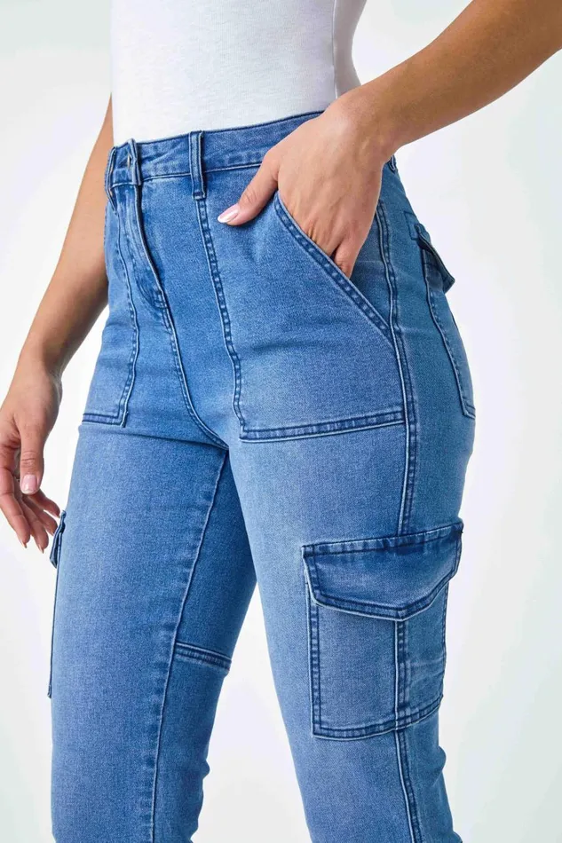 Women Denim Cotton Blend Cargo Stretch Jegging Roman Trousers
