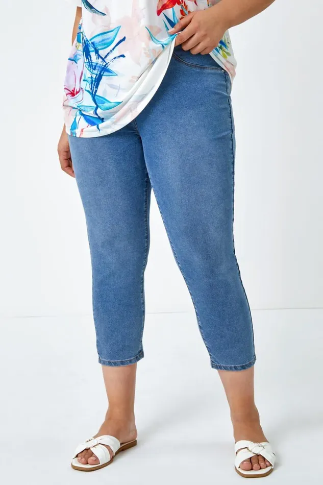 Women Denim Curve Elastic Waist Cropped Denim Jeggings Roman Coords