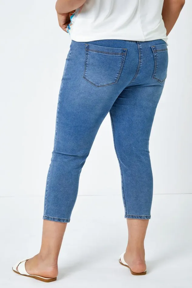 Women Denim Curve Elastic Waist Cropped Denim Jeggings Roman Coords