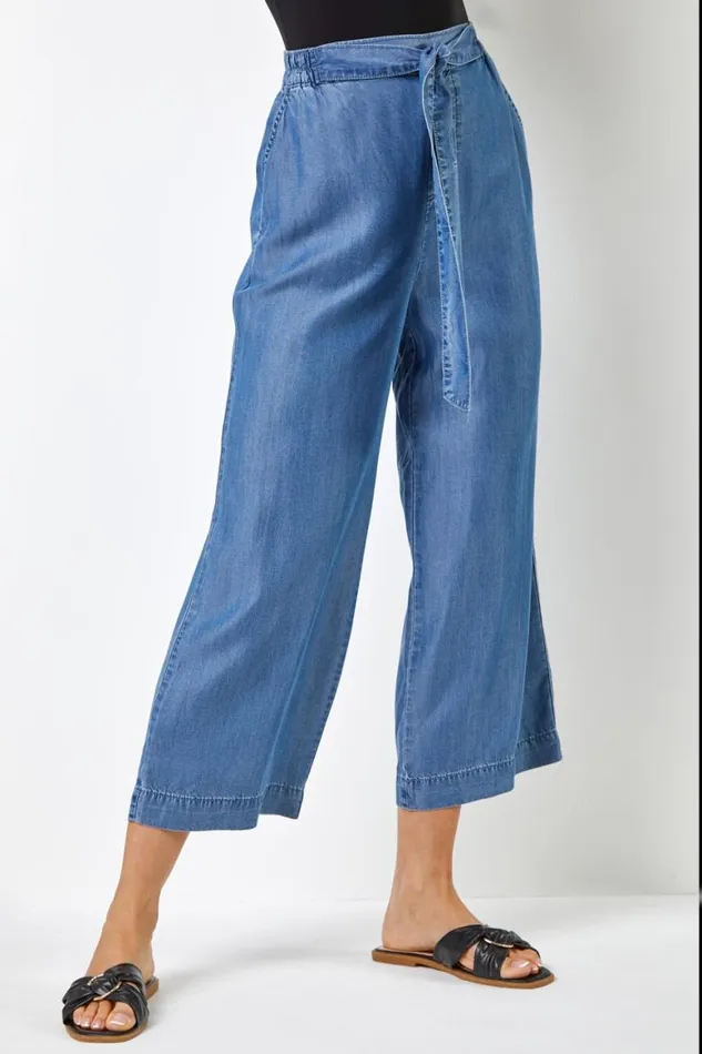 Women Denim Elastic Tie Waist Cropped Culottes Roman Trousers