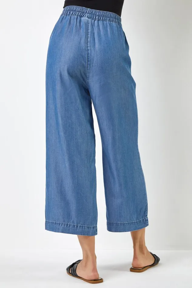 Women Denim Elastic Tie Waist Cropped Culottes Roman Trousers