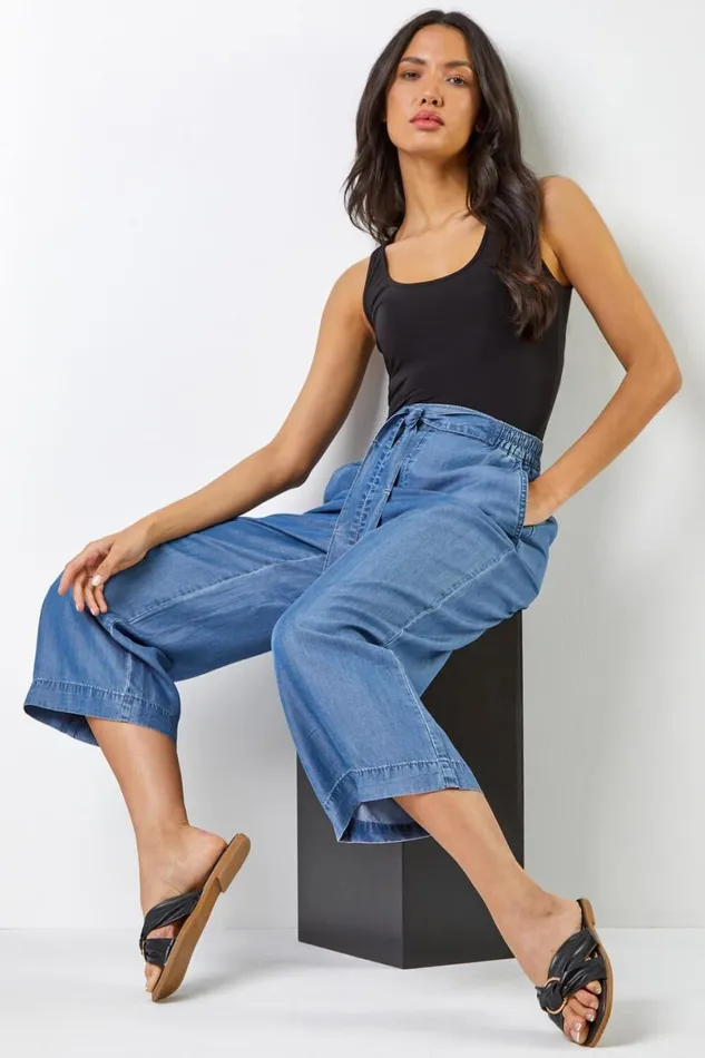 Women Denim Elastic Tie Waist Cropped Culottes Roman Trousers