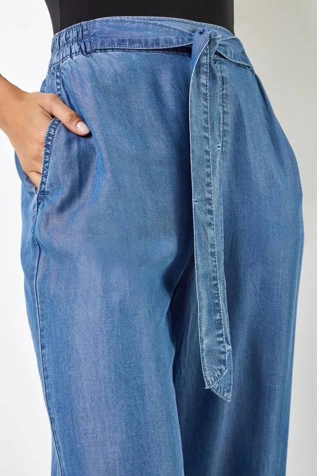 Women Denim Elastic Tie Waist Cropped Culottes Roman Trousers