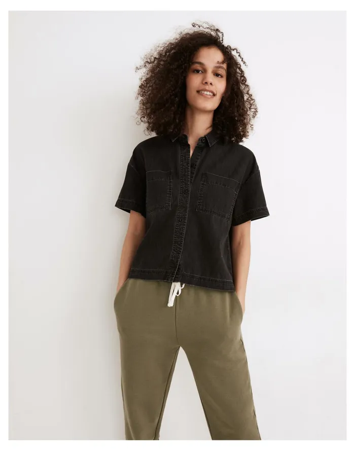 Women Denim Short Sleeve Back Pleat Shirt In Lunar Wash Lunar Wash Madewell Tops and Shirts Women Denim Short Sleeve Back Pleat Shirt In Lunar Wash Lunar Wash Madewell Tops and Shirts