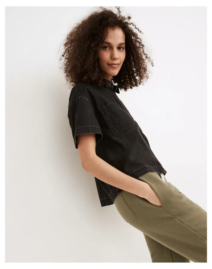 Women Denim Short Sleeve Back Pleat Shirt In Lunar Wash Lunar Wash Madewell Tops and Shirts Women Denim Short Sleeve Back Pleat Shirt In Lunar Wash Lunar Wash Madewell Tops and Shirts