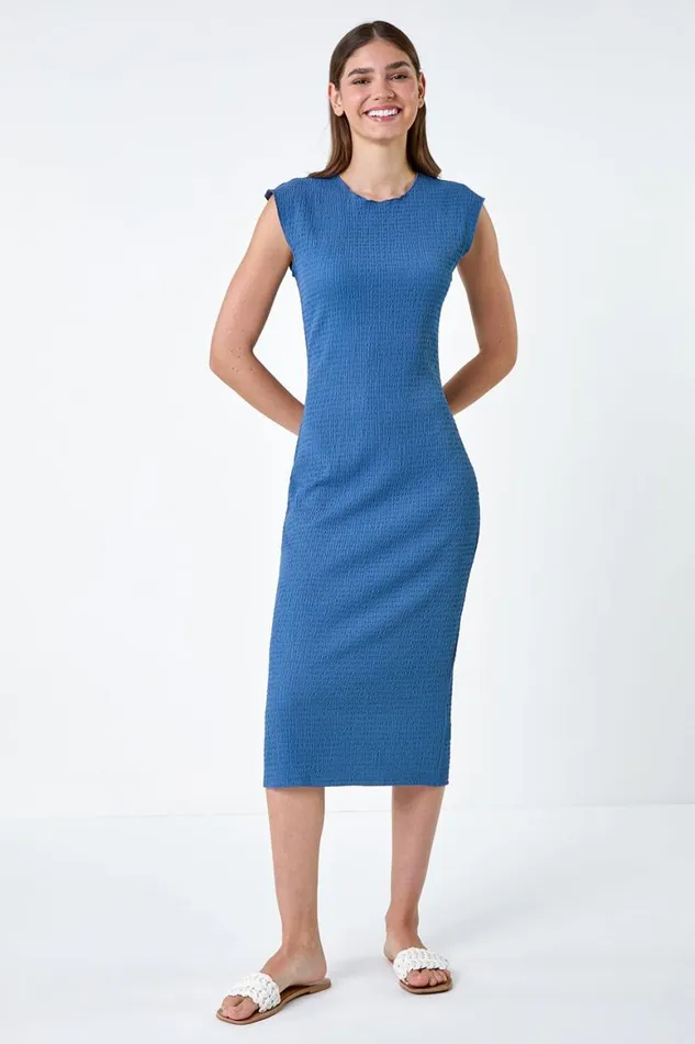 Women Denim Textured Stretch Bodycon Dress Roman Dresses