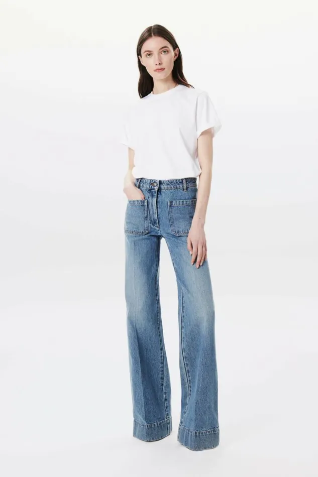 Women Denim Victoria Beckham Alina High Waisted Patch Pocket Jean In Marble Wash