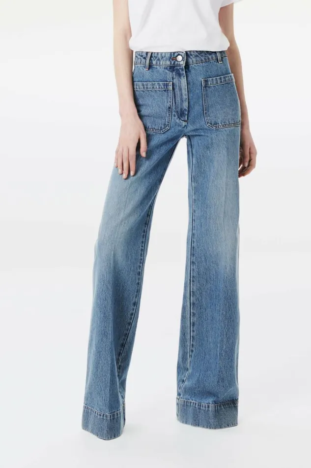 Women Denim Victoria Beckham Alina High Waisted Patch Pocket Jean In Marble Wash