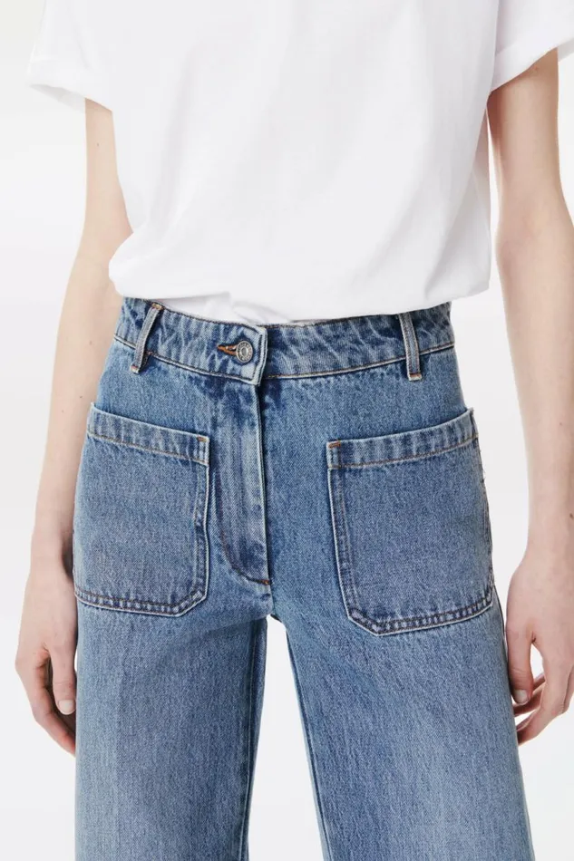 Women Denim Victoria Beckham Alina High Waisted Patch Pocket Jean In Marble Wash