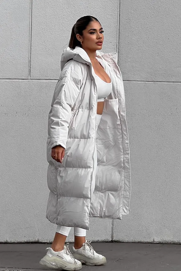 Women Double Zip Longline Puffer Coat In Beige Beige Brentiny Paris Parkas And Down Jackets