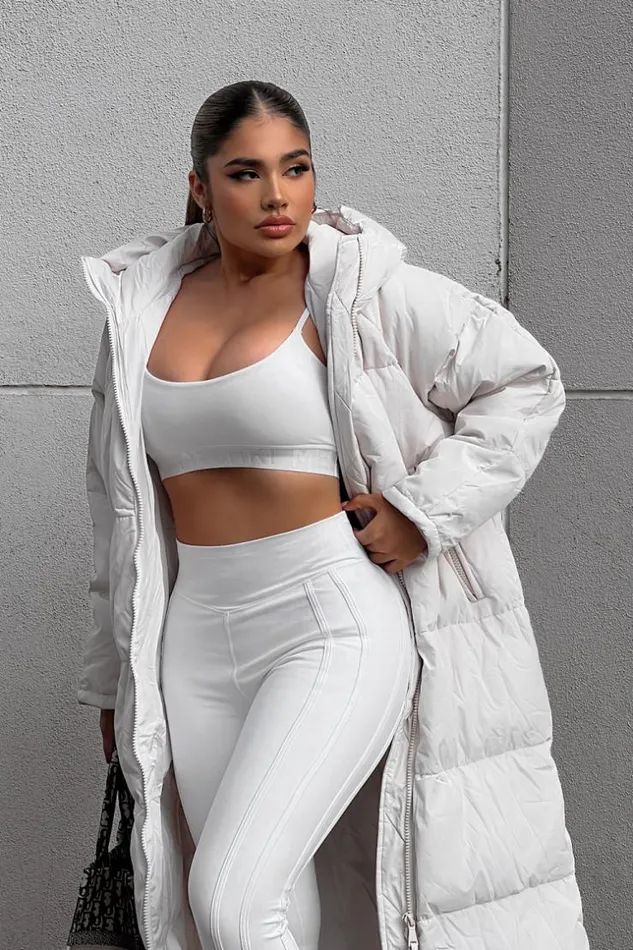 Women Double Zip Longline Puffer Coat In Beige Beige Brentiny Paris Parkas And Down Jackets