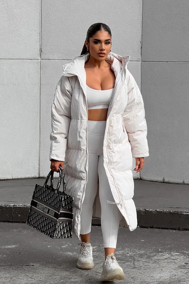 Women Double Zip Longline Puffer Coat In Beige Beige Brentiny Paris Parkas And Down Jackets