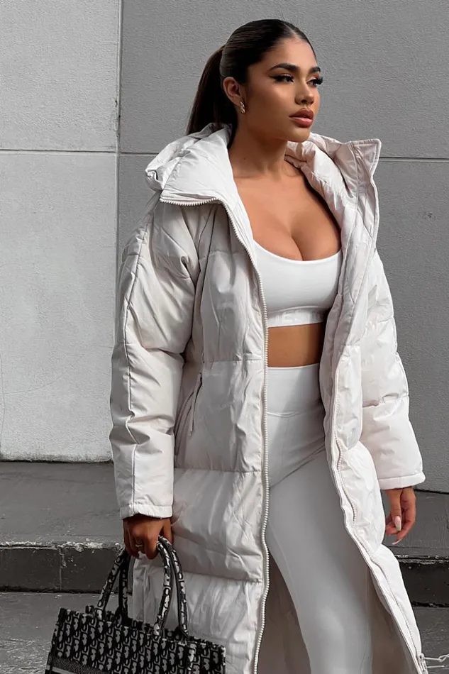 Women Double Zip Longline Puffer Coat In Beige Beige Brentiny Paris Parkas And Down Jackets