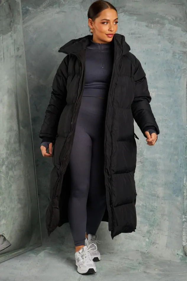 Women Double Zip Longline Puffer Coat In Black Brentiny Paris Parkas And Down Jackets
