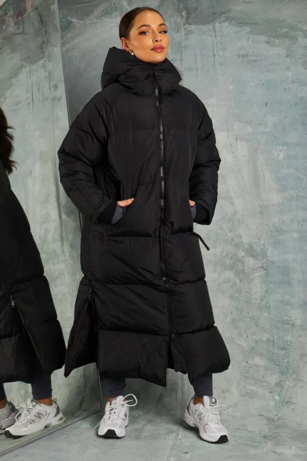 Women Double Zip Longline Puffer Coat In Black Brentiny Paris Parkas And Down Jackets