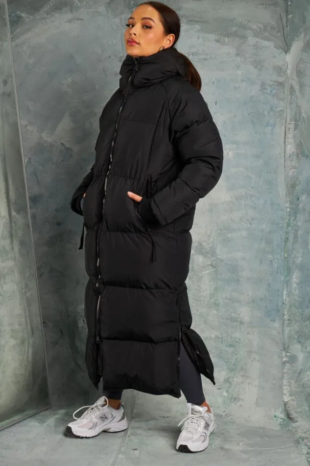Women Double Zip Longline Puffer Coat In Black Brentiny Paris Parkas And Down Jackets