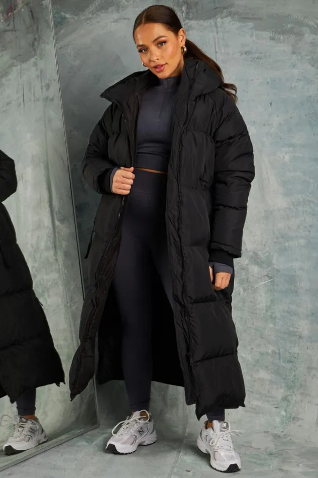 Women Double Zip Longline Puffer Coat In Black Brentiny Paris Parkas And Down Jackets