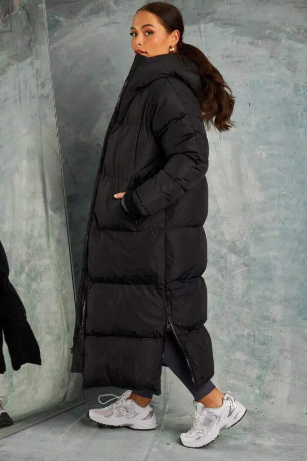 Women Double Zip Longline Puffer Coat In Black Brentiny Paris Parkas And Down Jackets