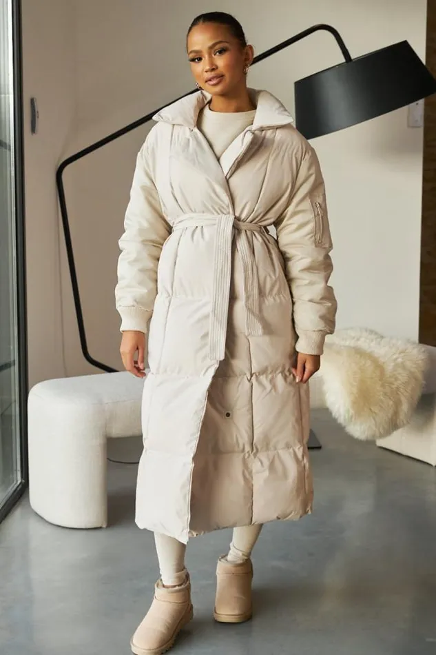Women Doudoune Matelasse Longue Beige Col Montant Ceinture Beige Brentiny Paris White Tops