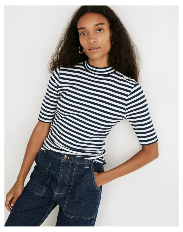 Women Drapey Rib Mockneck Top In Stripe Classic Indigo Madewell Tees