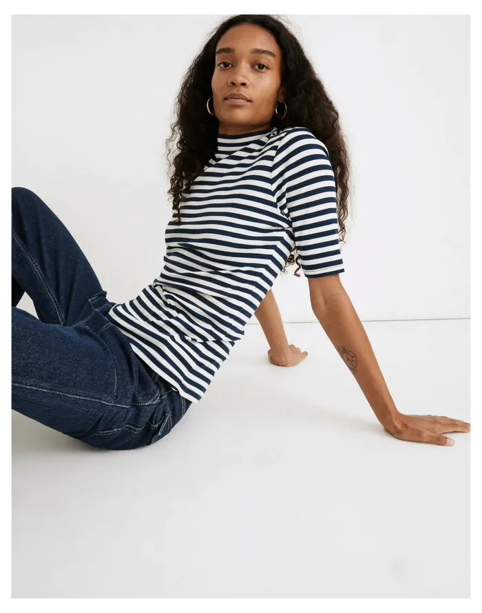 Women Drapey Rib Mockneck Top In Stripe Classic Indigo Madewell Tees Women Drapey Rib Mockneck Top In Stripe Classic Indigo Madewell Tees