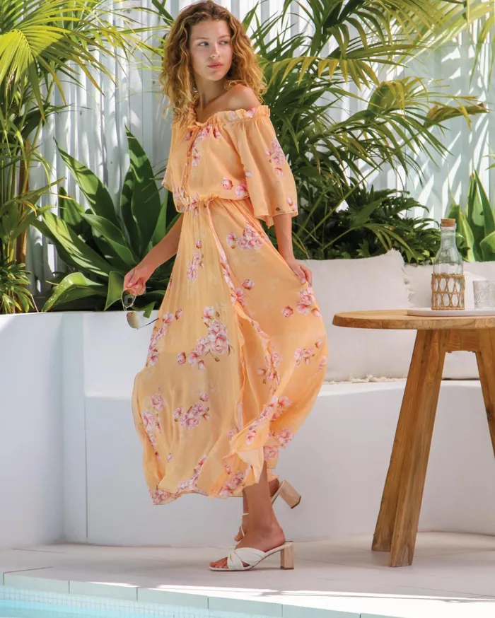 Women Dresses Belle and Bloom Amour Amour Ruffled Midi Dress 8211 Peach Peonies