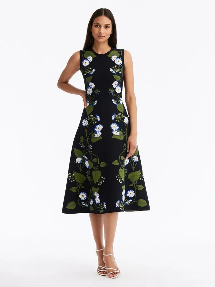 Women Dresses Oscar De La Renta Morning Glory Jacquard Midi Dress Whitedark Navy