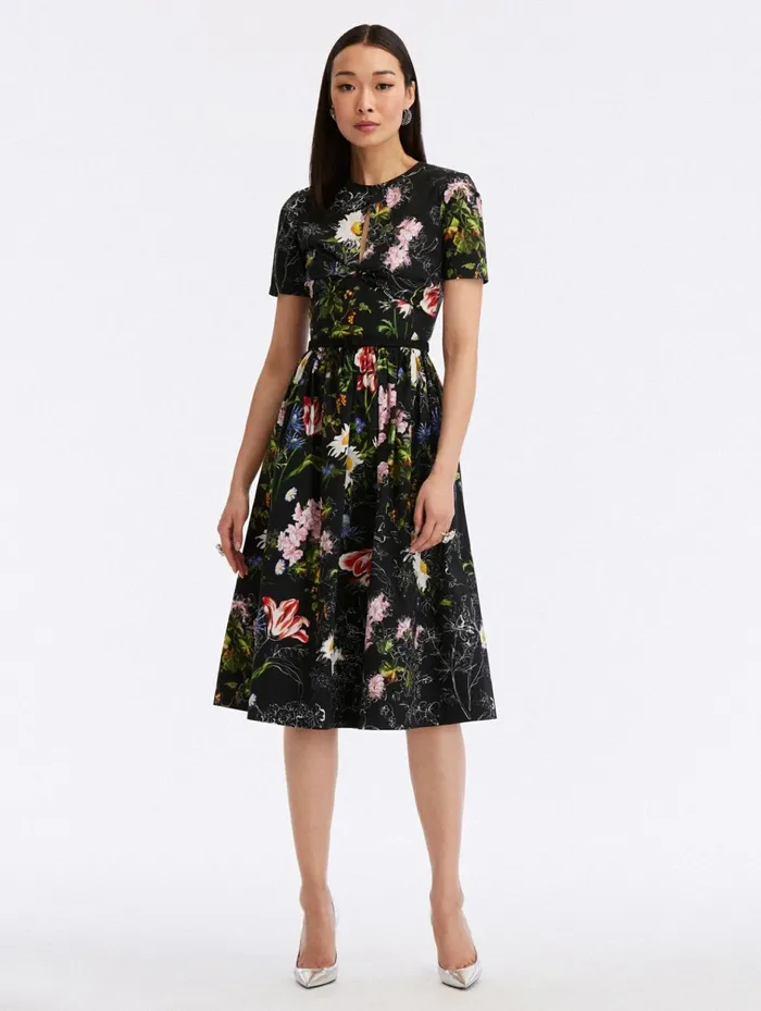Women Dresses Oscar De La Renta Sketched Floral Cotton Poplin Dress Black Multi