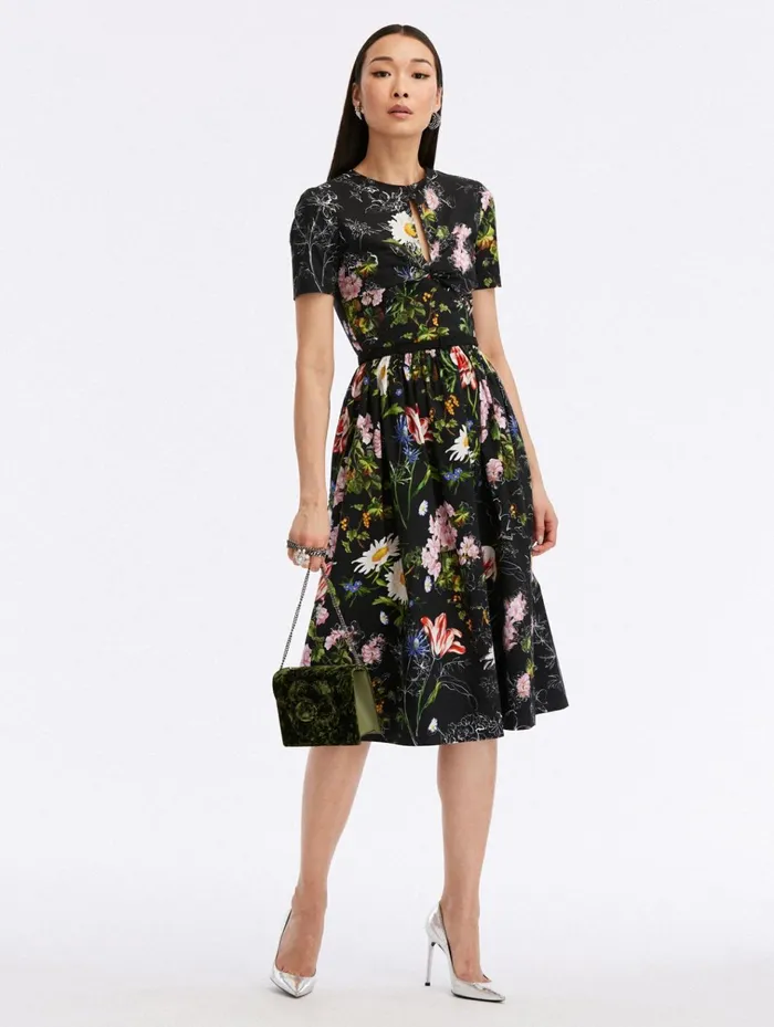 Women Dresses Oscar De La Renta Sketched Floral Cotton Poplin Dress Black Multi Women Dresses Oscar De La Renta Sketched Floral Cotton Poplin Dress Black Multi