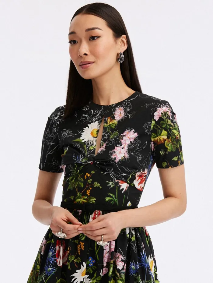 Women Dresses Oscar De La Renta Sketched Floral Cotton Poplin Dress Black Multi Women Dresses Oscar De La Renta Sketched Floral Cotton Poplin Dress Black Multi