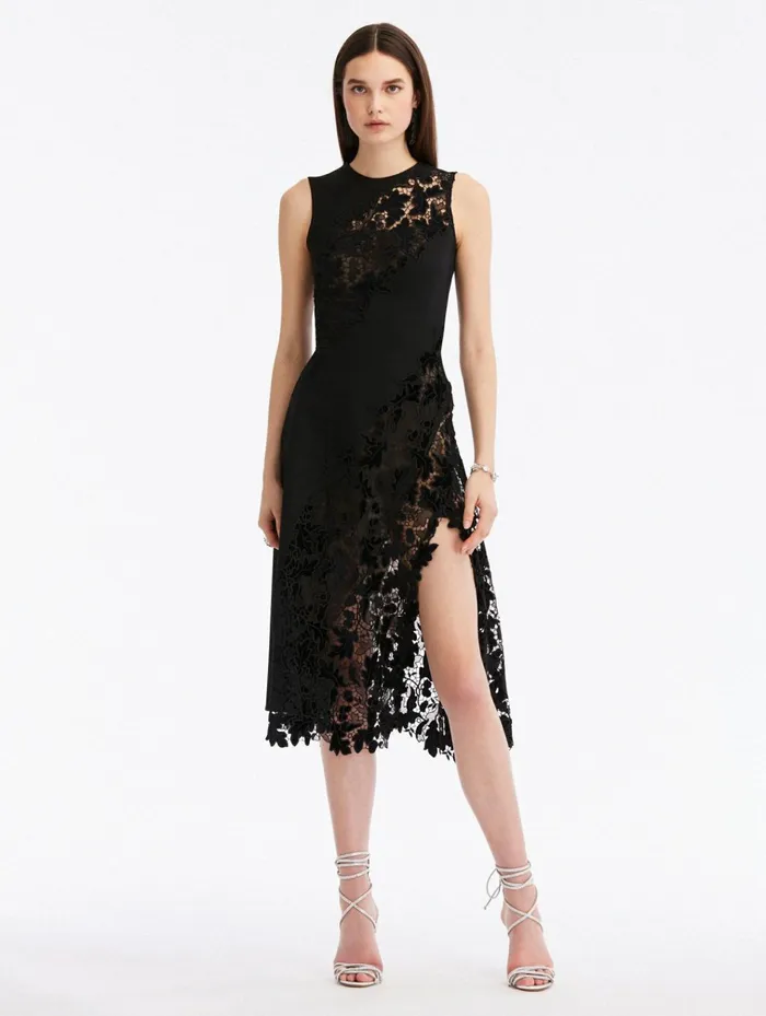 Women Dresses Oscar De La Renta Velvet Acorn Guipure Dress Black