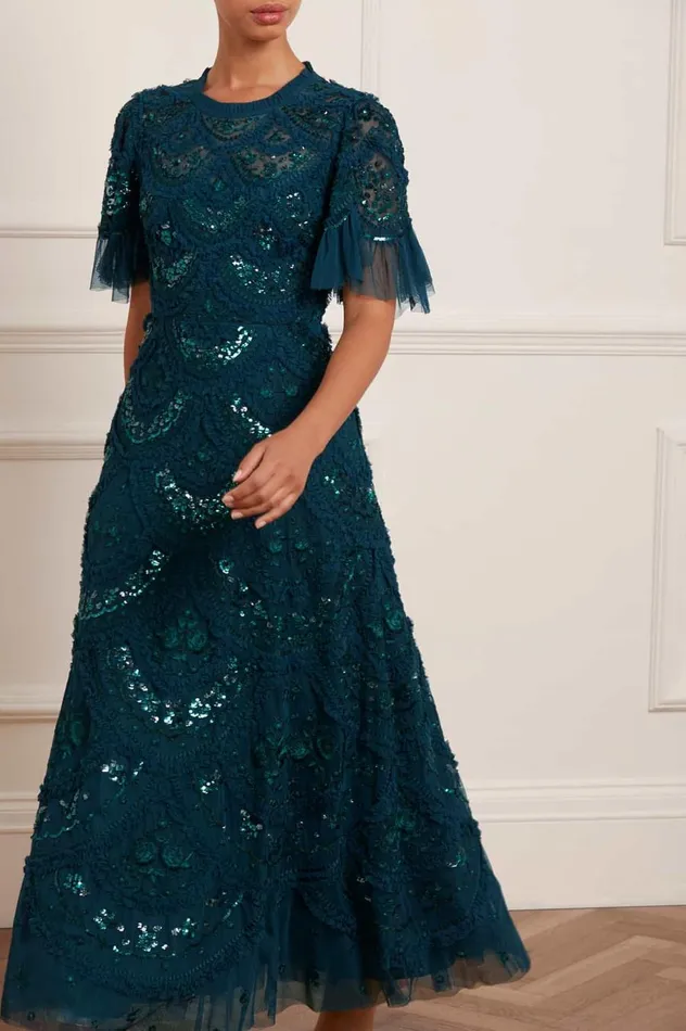 Women Embellished Dresses Needle and Thread Carmen Ruffle Ankle Gown Green
