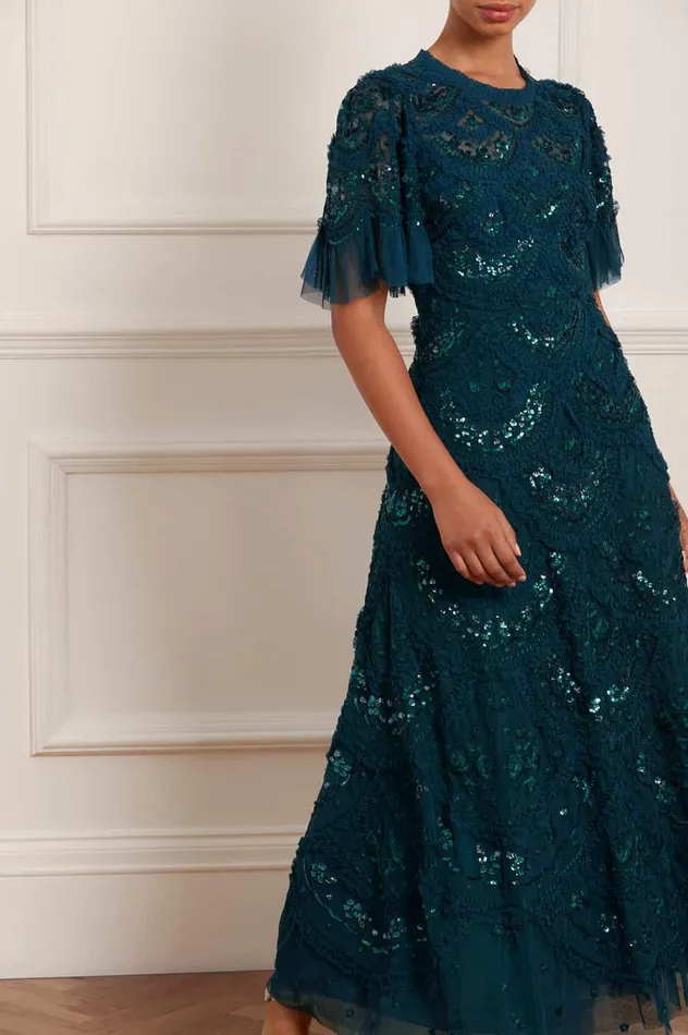 Women Embellished Dresses Needle and Thread Carmen Ruffle Ankle Gown Green
