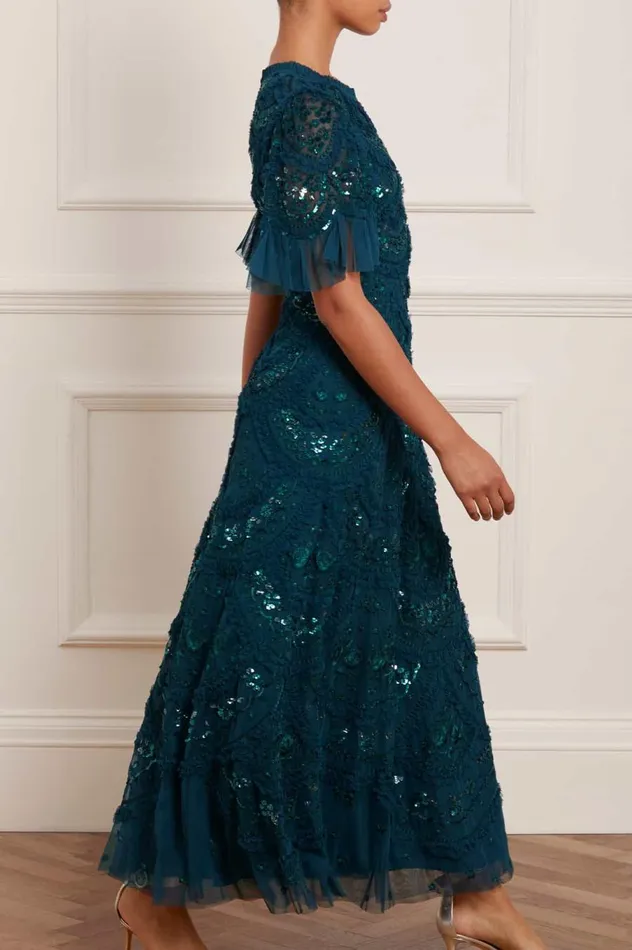 Women Embellished Dresses Needle and Thread Carmen Ruffle Ankle Gown Green