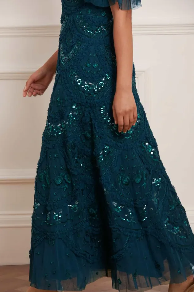 Women Embellished Dresses Needle and Thread Carmen Ruffle Ankle Gown Green