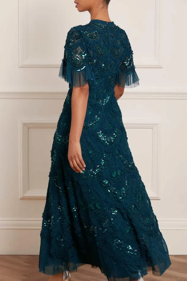 Women Embellished Dresses Needle and Thread Carmen Ruffle Ankle Gown Green
