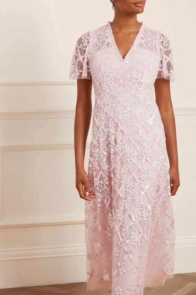Women Embellished Dresses Needle and Thread Garden Lattice Gloss Ankle Gown Pink