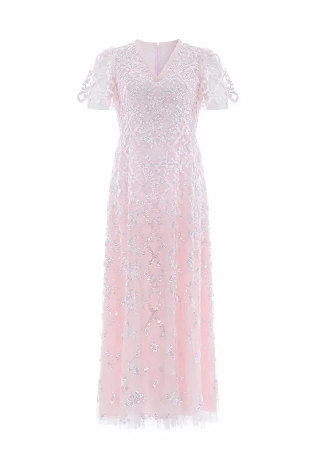 Women Embellished Dresses Needle and Thread Garden Lattice Gloss Ankle Gown Pink