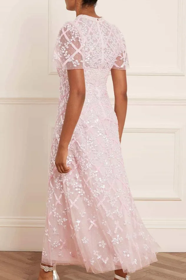 Women Embellished Dresses Needle and Thread Garden Lattice Gloss Ankle Gown Pink